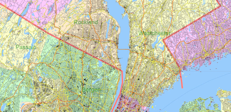 New York City USA + 100 miles radius area High Detailed Vector Map Editable Layered Adobe Illustrator