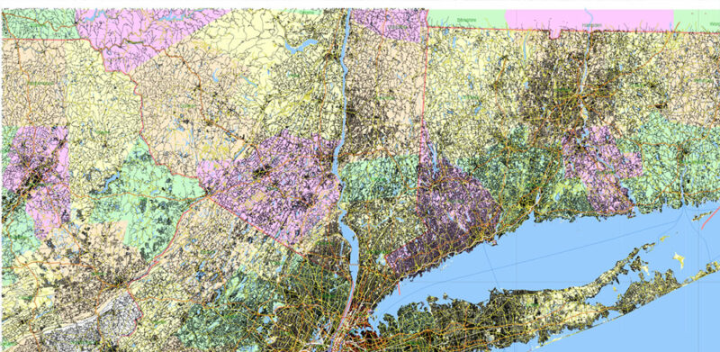 New York City USA + 100 miles radius area High Detailed Vector Map Editable Layered Adobe Illustrator