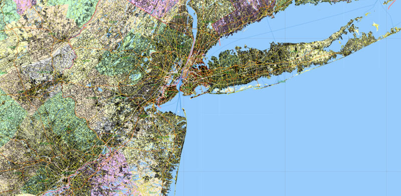 New York City USA + 100 miles radius area High Detailed Vector Map Editable Layered Adobe Illustrator