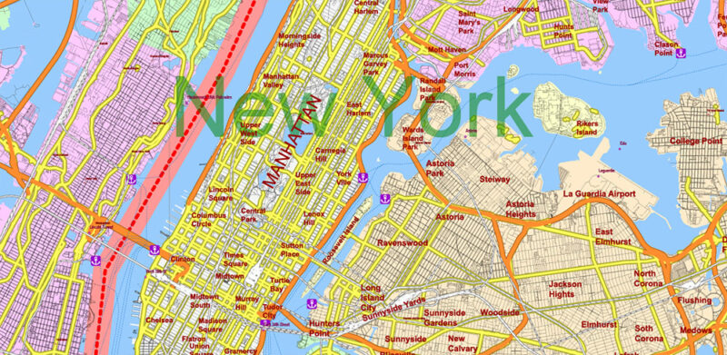 New York City USA + 100 miles radius area High Detailed Vector Map Editable Layered Adobe Illustrator