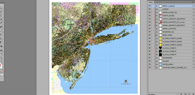 New York City USA + 100 miles radius area High Detailed Vector Map Editable Layered Adobe Illustrator