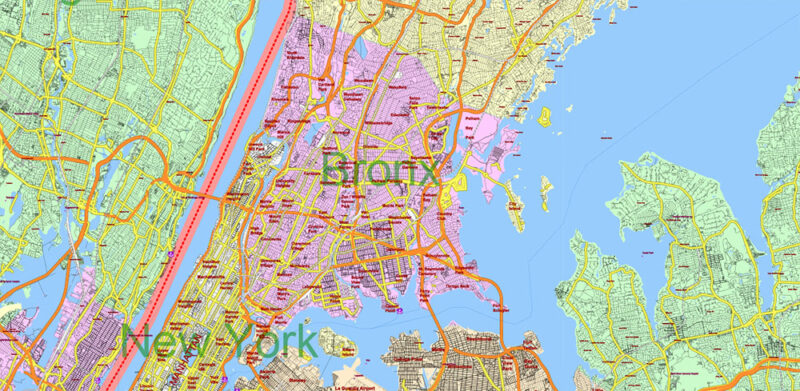 New York City USA + 100 miles radius area High Detailed Vector Map Editable Layered Adobe Illustrator