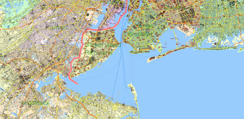 New York City USA + 100 miles radius area High Detailed Vector Map Editable Layered Adobe Illustrator