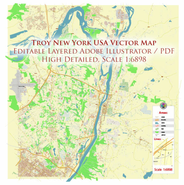 Troy New York USA Vector Map High Detailed editable layered Adobe Illustrator