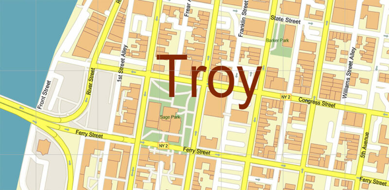 Troy New York USA Vector Map High Detailed editable layered Adobe Illustrator