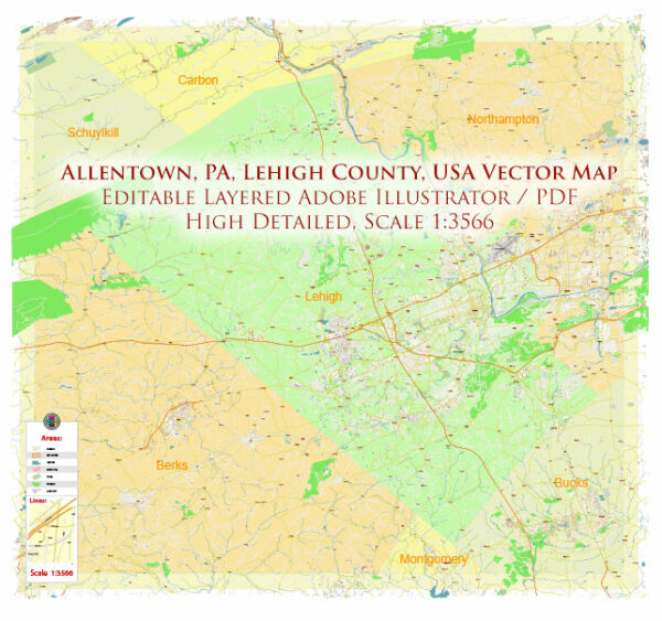 Allentown + Lehigh County Pennsylvania USA High Detailed Vector Map Editable Layered Adobe Illustrator Scale 1:3566