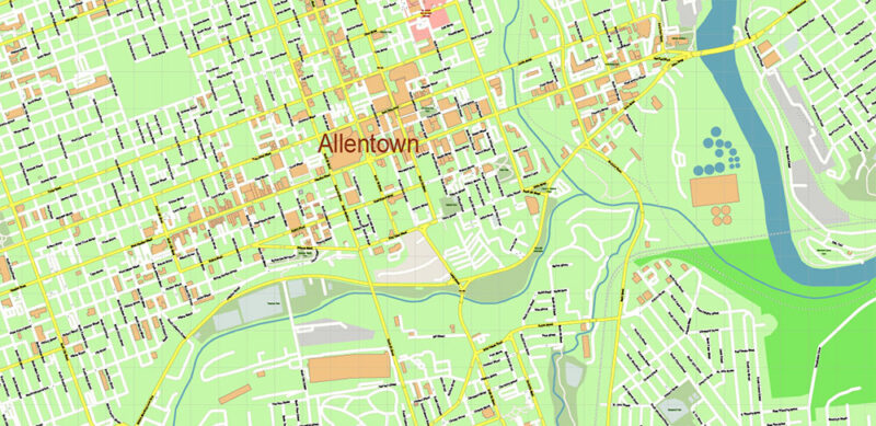 Allentown + Lehigh County Pennsylvania USA High Detailed Vector Map Editable Layered Adobe Illustrator Scale 1:3566