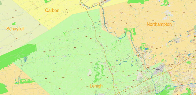 Allentown + Lehigh County Pennsylvania USA High Detailed Vector Map Editable Layered Adobe Illustrator Scale 1:3566
