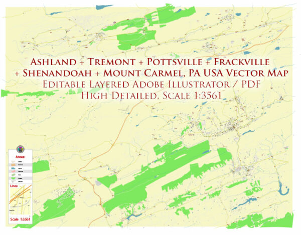 Ashland + Tremont + Pottsville + Frackville + Shenandoah + Mount Carmel Pennsylvania USA High Detailed Vector Map Editable Layered Adobe Illustrator Scale 1:3561