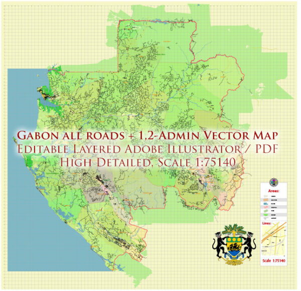 Gabon High Detailed Vector Map: Admin, Roads, Cities and Towns Editable Layered Adobe Illustrator