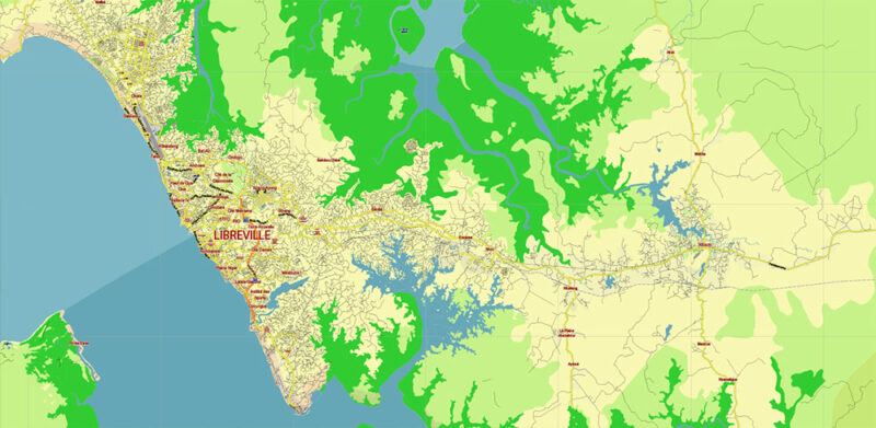 Gabon High Detailed Vector Map: Admin, Roads, Cities and Towns Editable Layered Adobe Illustrator