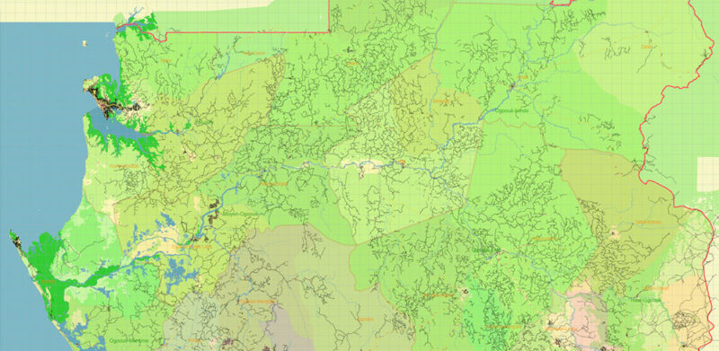 Gabon High Detailed Vector Map: Admin, Roads, Cities and Towns Editable Layered Adobe Illustrator