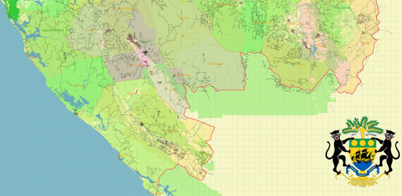 Gabon High Detailed Vector Map: Admin, Roads, Cities and Towns Editable Layered Adobe Illustrator