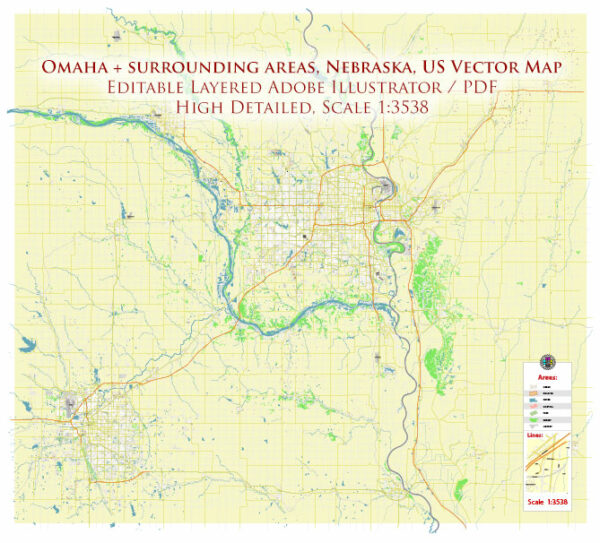 Omaha+ surrounding areas, Nebraska US High Detailed Vector Map Editable Layered Adobe Illustrator