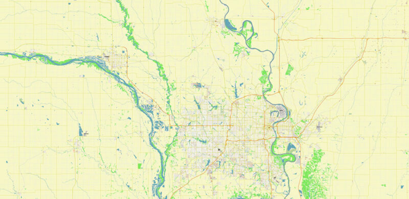 Omaha+ surrounding areas, Nebraska US High Detailed Vector Map Editable Layered Adobe Illustrator