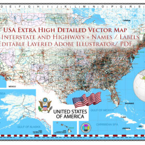 United States Vector Map Extra High Detailed Editable Layered Adobe Illustrator main roads with labels, major cities v.7