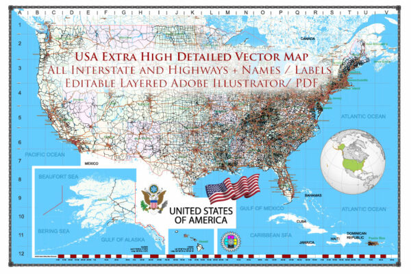 United States Vector Map Extra High Detailed Editable Layered Adobe Illustrator main roads with labels, major cities v.7
