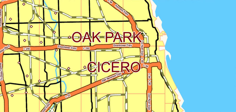 United States Vector Map Extra High Detailed Editable Layered Adobe Illustrator main roads with labels, major cities v.7