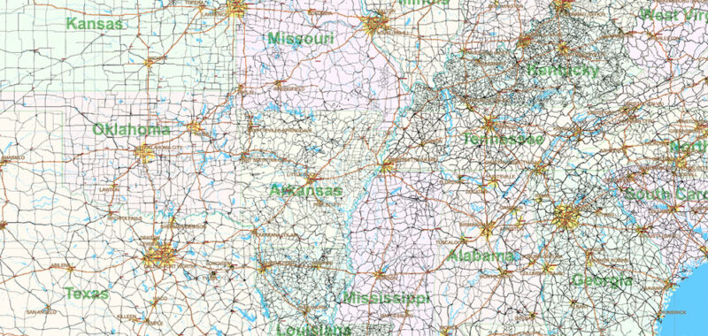 _ United States Vector Map Extra High Detailed Editable Layered Adobe Illustrator main roads with labels, major cities v.7