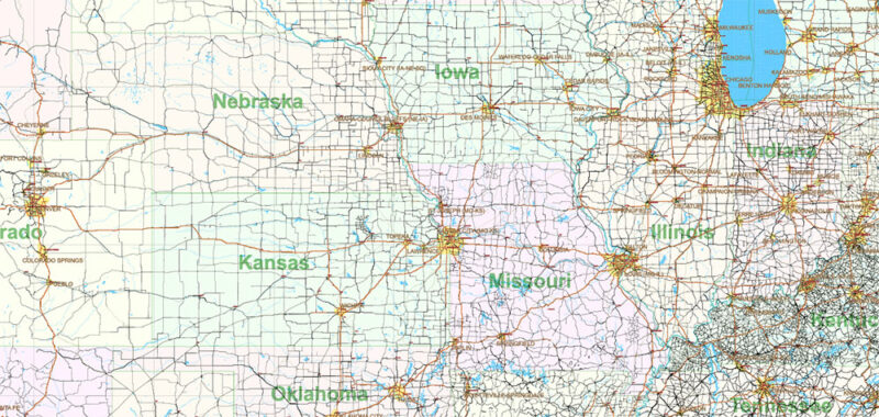 United States Vector Map Extra High Detailed Editable Layered Adobe Illustrator main roads with labels, major cities v.7