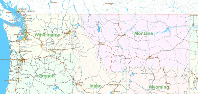 United States Vector Map Extra High Detailed Editable Layered Adobe Illustrator main roads with labels, major cities v.7
