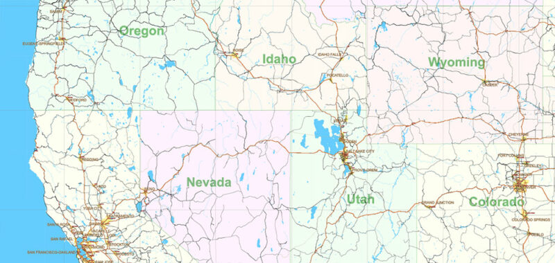 United States Vector Map Extra High Detailed Editable Layered Adobe Illustrator main roads with labels, major cities v.7