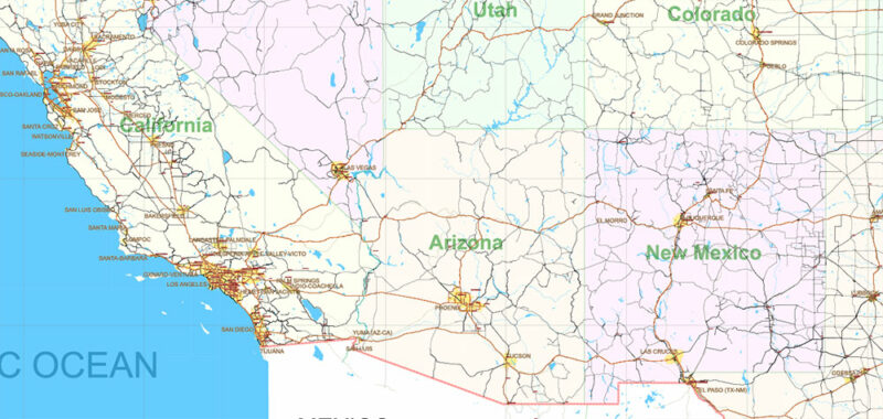 United States Vector Map Extra High Detailed Editable Layered Adobe Illustrator main roads with labels, major cities v.7