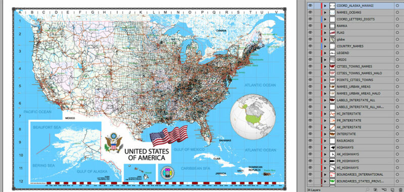 United States Vector Map Extra High Detailed Editable Layered Adobe Illustrator main roads with labels, major cities v.7