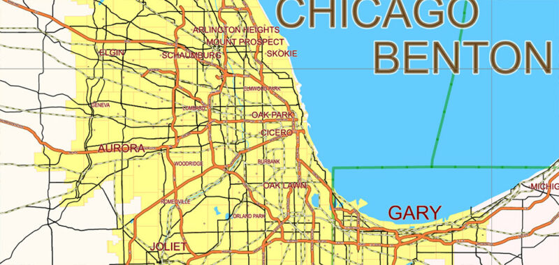 United States Vector Map Extra High Detailed Editable Layered Adobe Illustrator main roads with labels, major cities v.7