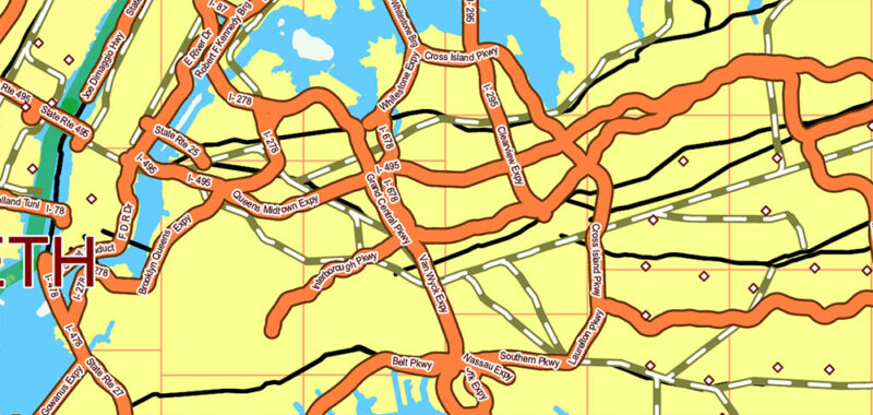 United States Vector Map Extra High Detailed Editable Layered Adobe Illustrator main roads with labels, major cities v.7