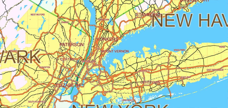 United States Vector Map Extra High Detailed Editable Layered Adobe Illustrator main roads with labels, major cities v.7