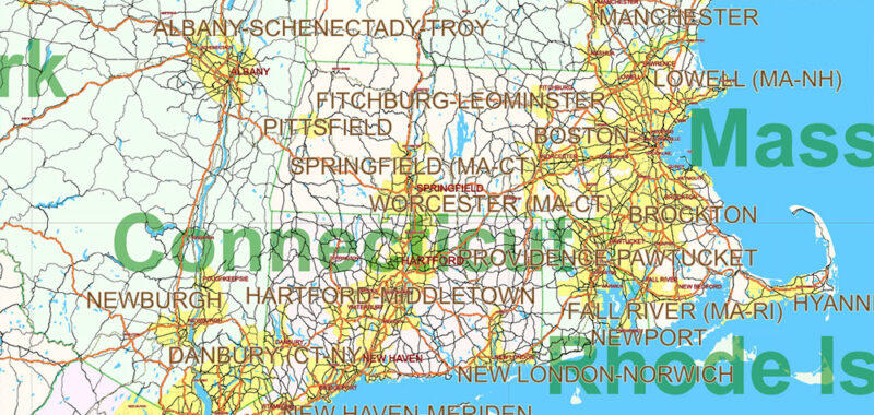 United States Vector Map Extra High Detailed Editable Layered Adobe Illustrator main roads with labels, major cities v.7