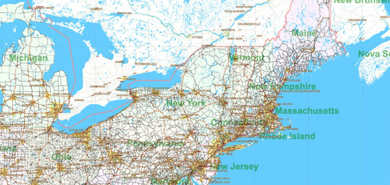 United States Vector Map Extra High Detailed Editable Layered Adobe Illustrator main roads with labels, major cities v.7