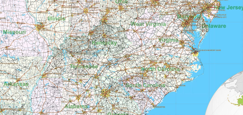 United States Vector Map Extra High Detailed Editable Layered Adobe Illustrator main roads with labels, major cities v.7