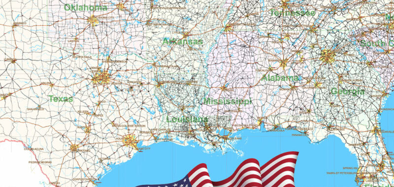 United States Vector Map Extra High Detailed Editable Layered Adobe Illustrator main roads with labels, major cities v.7