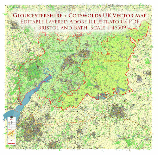 Gloucestershire + Cotswolds UK Vector Map Detailed Editable Layered Adobe Illustrator