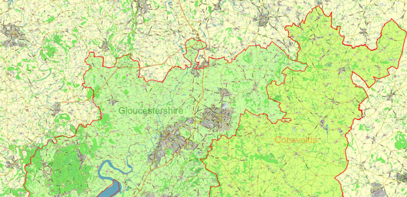 Gloucestershire + Cotswolds UK Vector Map Detailed Editable Layered Adobe Illustrator