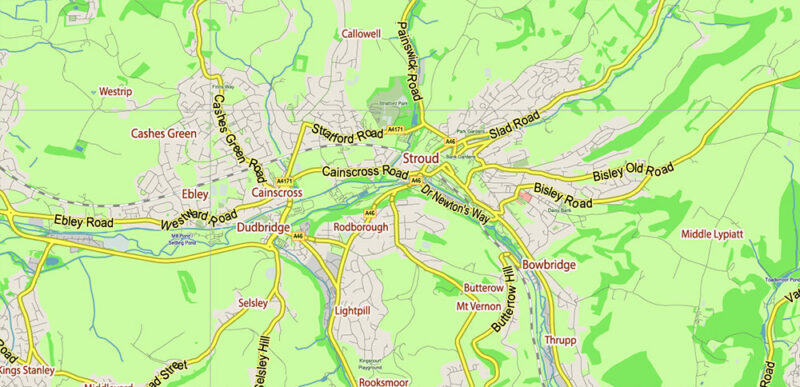 Gloucestershire + Cotswolds UK Vector Map Detailed Editable Layered Adobe Illustrator