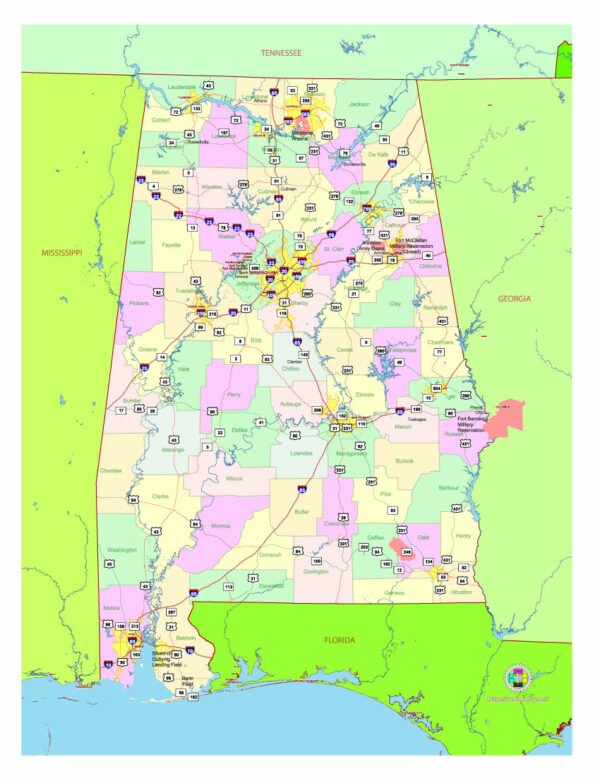 Free Vector map of the state of Alabama, USA, main roads with numbers, colored counties with names.