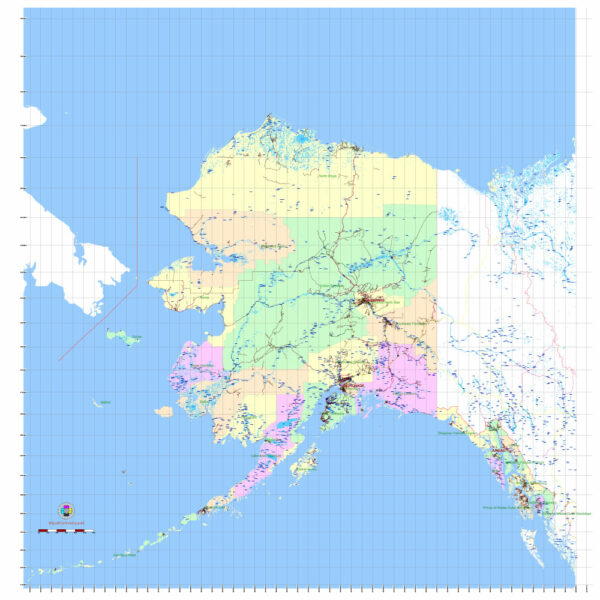 Free Vector map of the state of Alaska, USA, main roads with numbers, colored counties with names.
