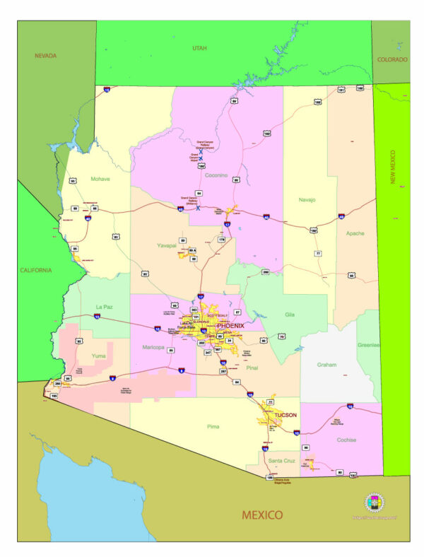 Free Vector map of the state of Arizona, USA, main roads with numbers, colored counties with names.