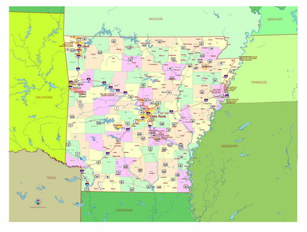Free Vector map of the state of Arkansas, USA, main roads with numbers, colored counties with names.