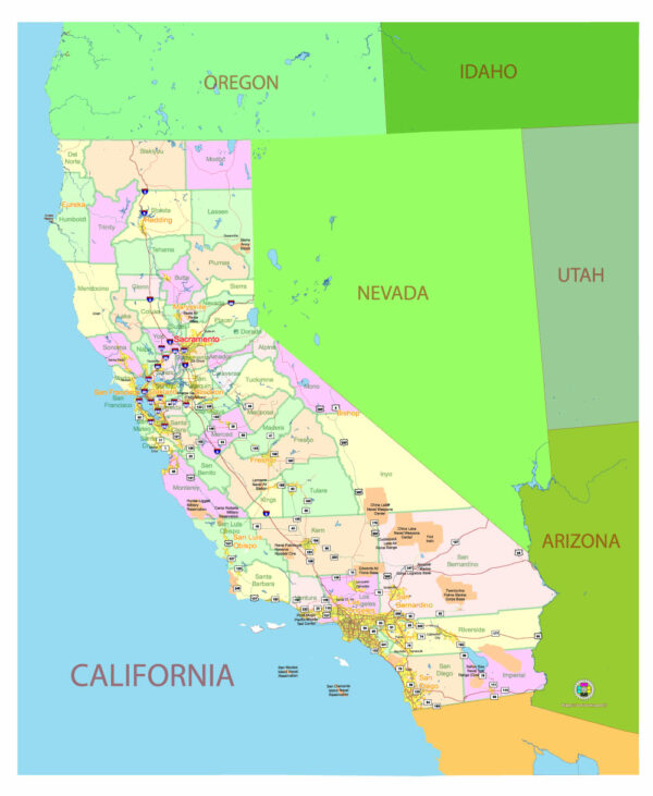 Free Vector map of the state of California, USA, main roads with numbers, colored counties with names.