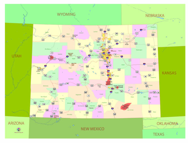 Free Vector map of the state of Colorado, USA, main roads with numbers, colored counties with names.