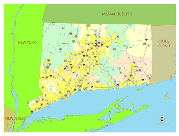 Free Vector map of the state of Connecticut, USA, main roads with numbers, colored counties with names.