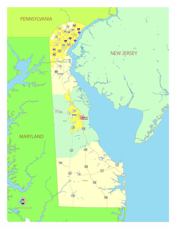 Free Vector map of the state of Delaware, USA, main roads with numbers, colored counties with names.