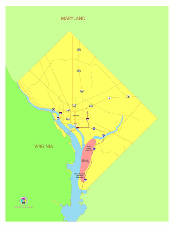 Free Vector map of the state of District of Columbia, USA, main roads with numbers, colored counties with names.