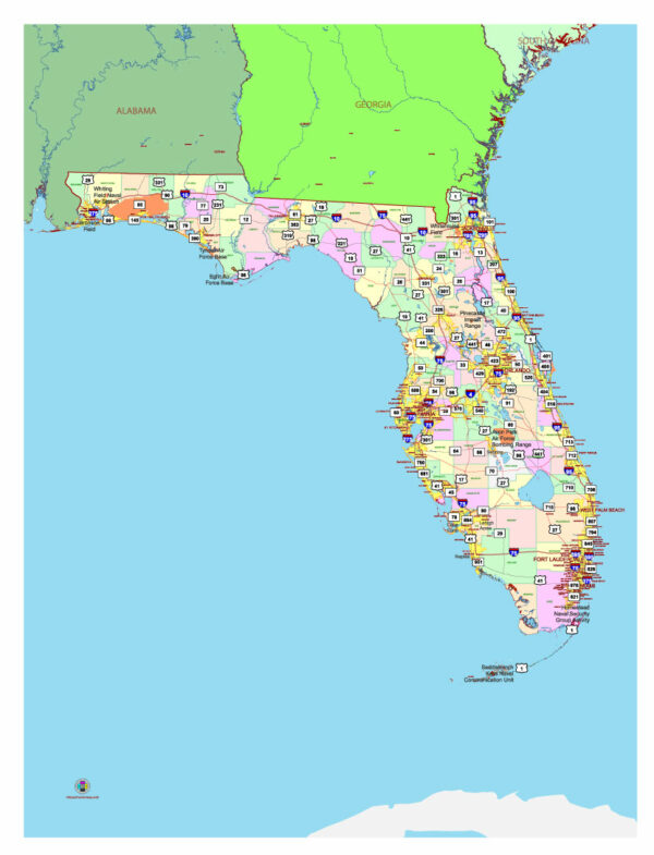 Free Vector map of the state of Florida, USA, main roads with numbers, colored counties with names.