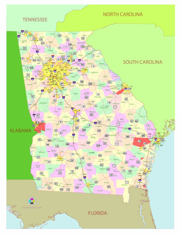Free Vector map of the state of Georgia, USA, main roads with numbers, colored counties with names.
