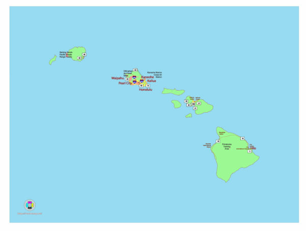 Free Vector map of the state of Hawaii, USA, main roads with numbers, colored counties with names.